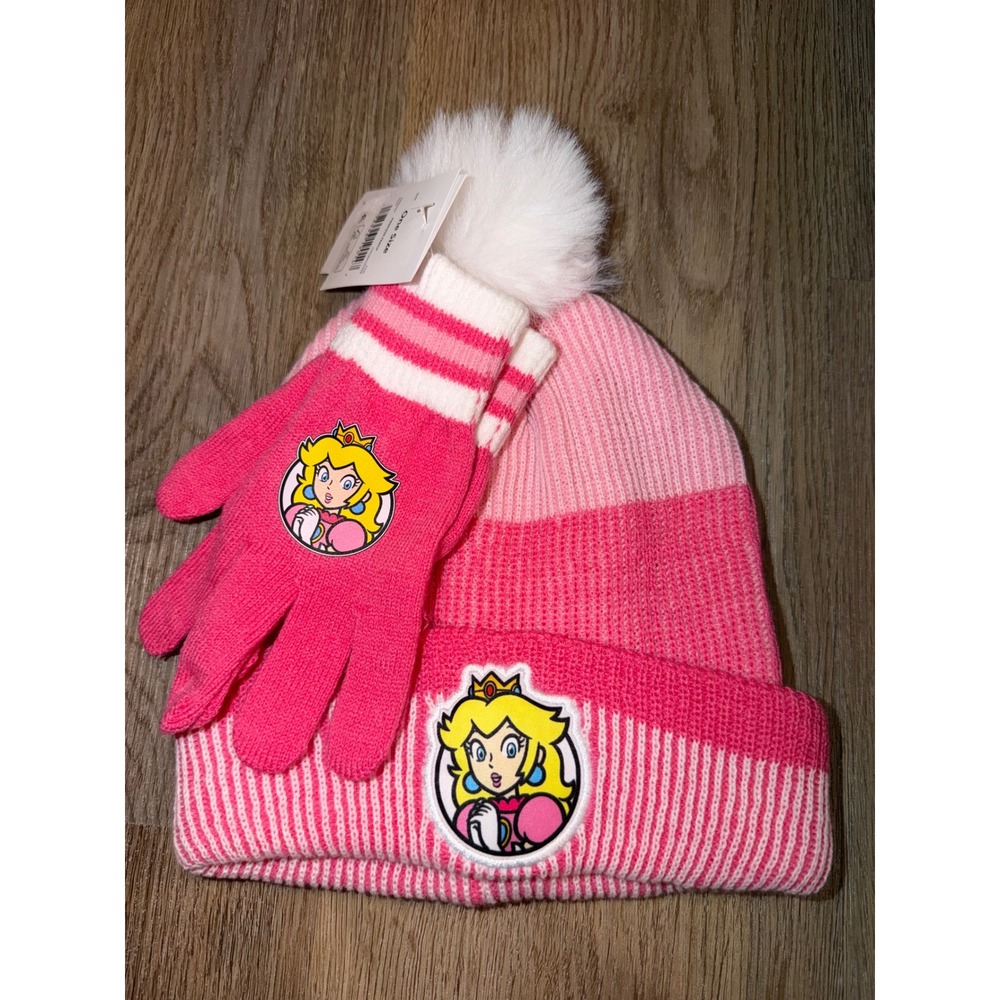 Nintendo Super Mario Princess Peach Girls Pink Beanie Hat and Gloves Set NWT